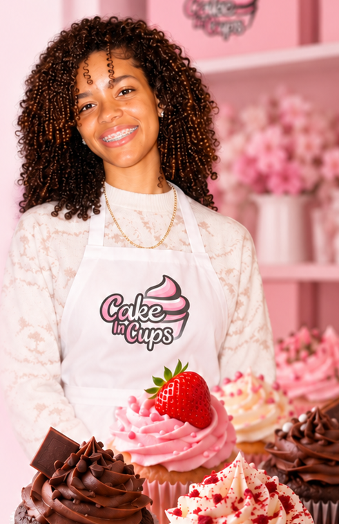 Nareena, bakker van Cake In Cups, met een wit schort en cupcakes